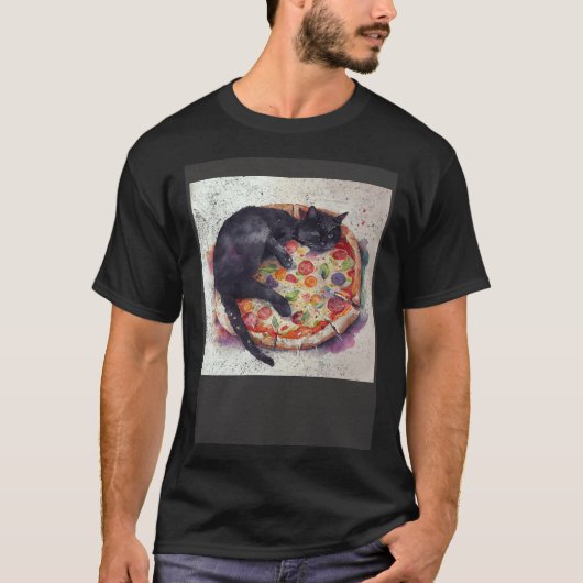 黒猫の眠りピザ Tシャツ (正面)
