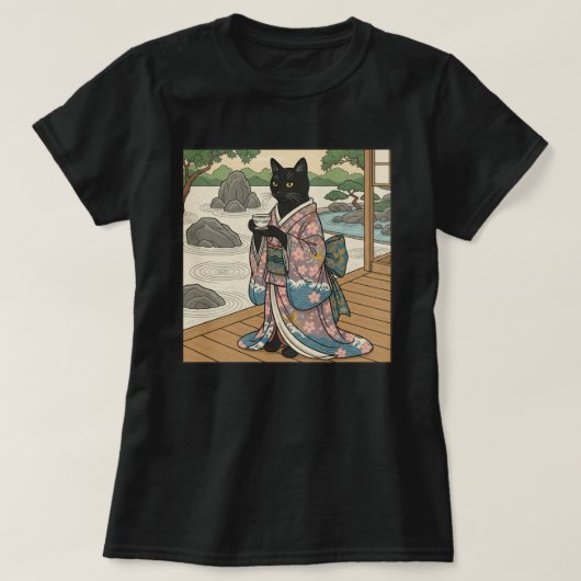 黒猫の着物 Tシャツ (デザイン正面)