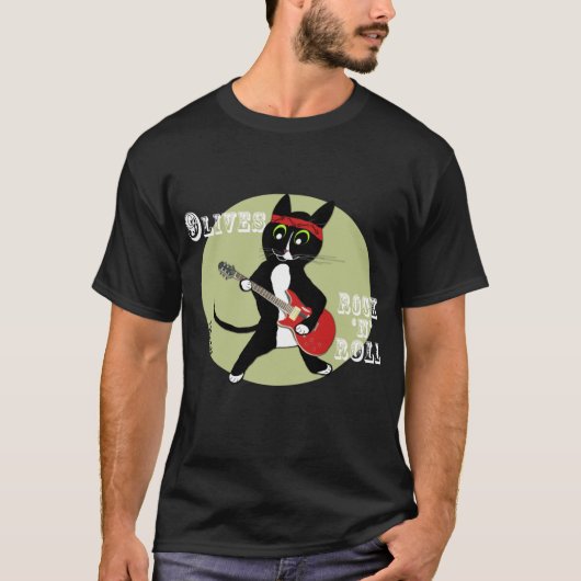 黒猫の石nロール人の黒いTシャツ Tシャツ (正面)