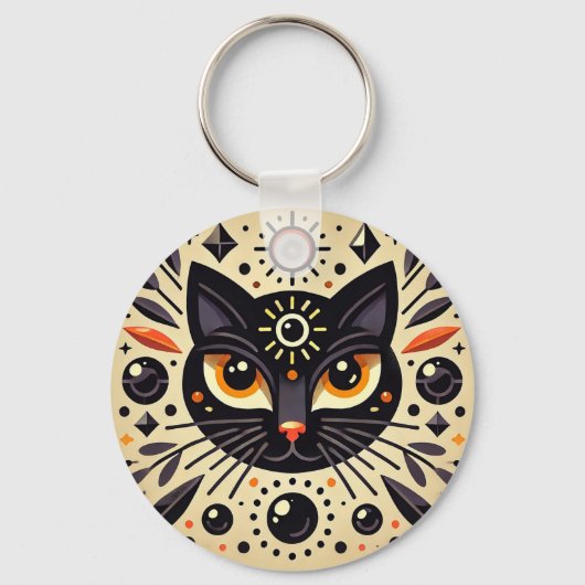 黒猫の神秘的なアートワーク キーホルダー (正面)