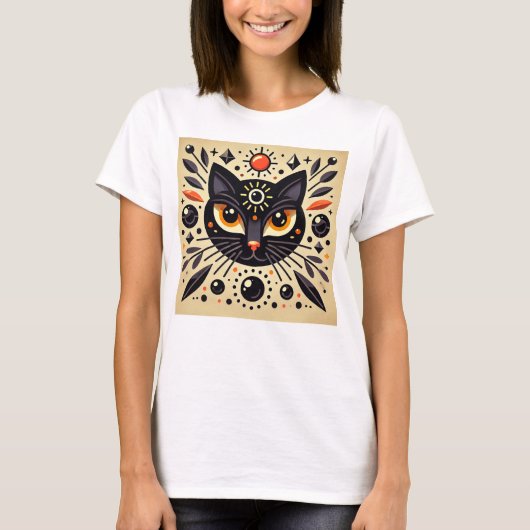 黒猫の神秘的なアートワーク Tシャツ (正面)