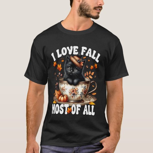 黒猫の秋の雰囲気 猫好きな母のためのデザイン 愛する秋 Tシャツ (正面)