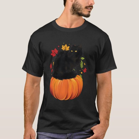黒猫の秋、パンプキン、感謝祭 Tシャツ (正面)