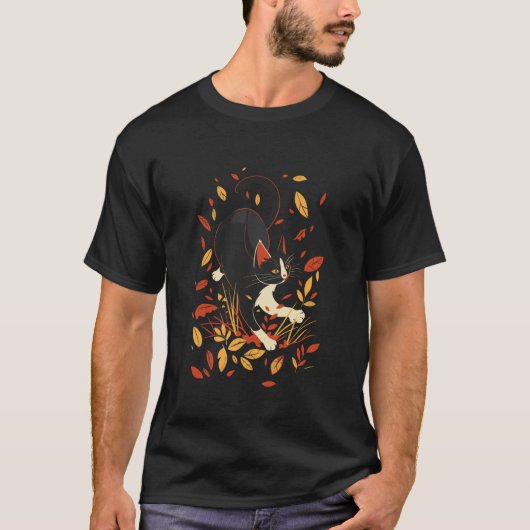 黒猫の紅葉の木 こんにちは秋 Tシャツ (正面)