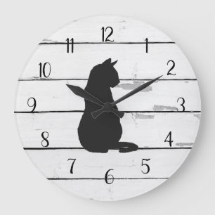 黒猫の素朴なShiplapの農家の装飾 ラージ壁時計