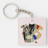 黒猫の絵筆入れ 芸術 猫 ピンク キーホルダー (正面)