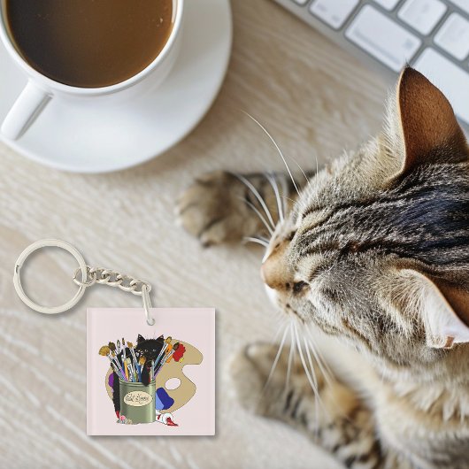 黒猫の絵筆入れ 芸術 猫 ピンク キーホルダー