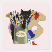 黒猫の絵筆入れ 芸術 猫 ピンク スクエアシール (正面)