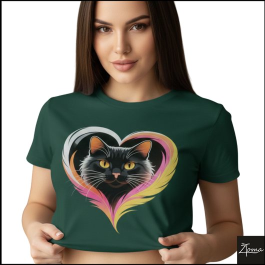 黒猫の羽根ハートネオンポップアート Tシャツ