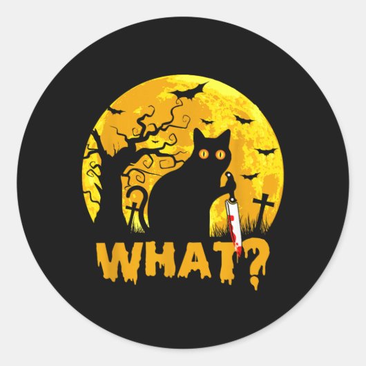黒猫の脅し ハロウィン 黒猫とナイフ - 冗談 ラウンドシール (正面)