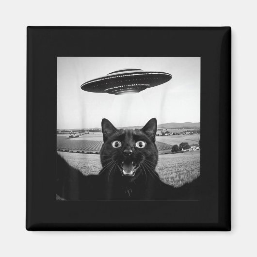 黒猫の自撮りUFOエイリアン おもしろギフト メンズ向け マグネット (正面)