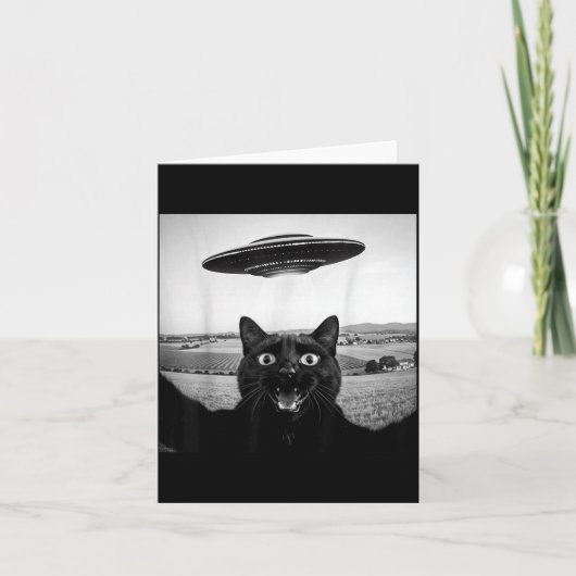黒猫の自撮りUFOエイリアン おもしろギフト 男性用 カード (正面)