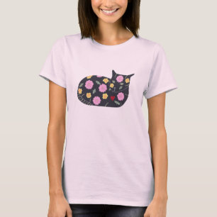 黒猫の花が生える猫の缶シャ食べツ Tシャツ