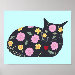黒猫の花と植物 キャットポスター ポスター