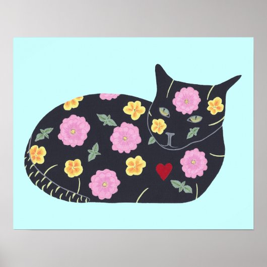 黒猫の花と植物 キャットポスター ポスター (正面)