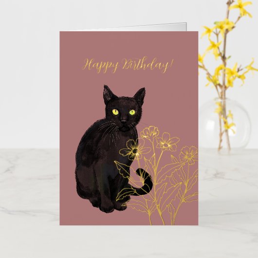 黒猫の花柄デザイン 箔グリーティングカード (黄色い花)
