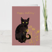 黒猫の花柄デザイン 箔グリーティングカード (正面)