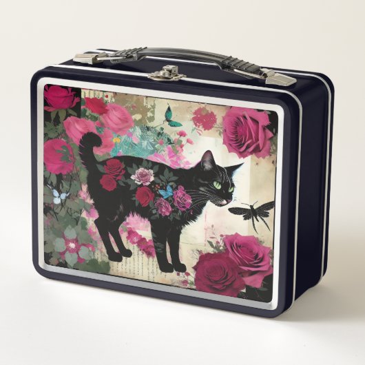 黒猫の花柄 バラとトンボ メタルランチボックス (正面)