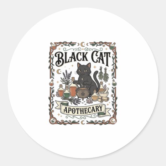 黒猫の薬局 猫の魔女 神秘的なアポセカリー ラウンドシール (正面)