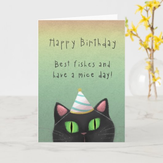 黒猫の誕生日の挨拶状 カード (黄色い花)