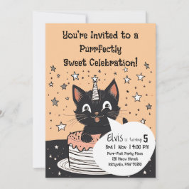 黒猫の誕生日パーティー 星 ピンクケーキ キュート 招待状