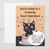 黒猫の誕生日パーティー 星 ピンクケーキ キュート 招待状 (正面/裏面)