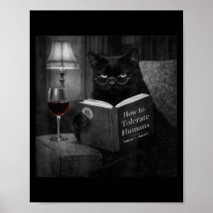 黒猫の読書 面白ネコ写真 ポスター