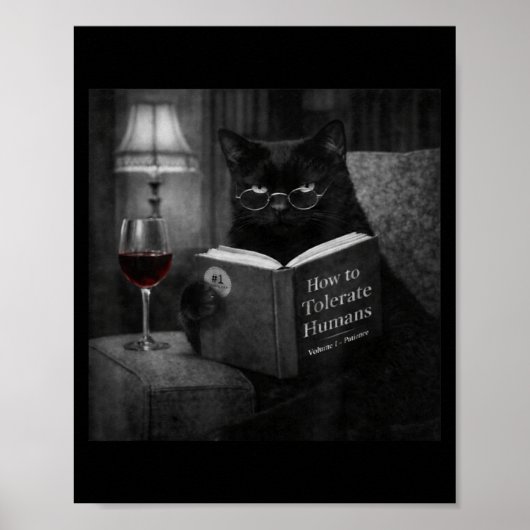 黒猫の読書　面白ネコ写真 ポスター (正面)