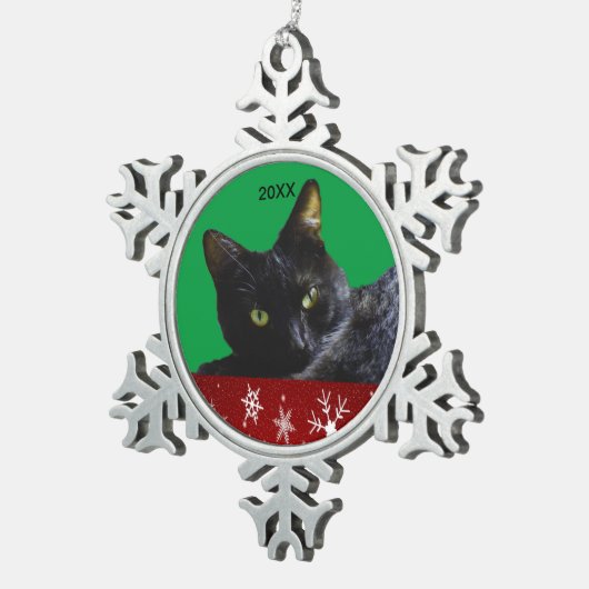 黒猫の赤い白い雪の結晶20XXクリスマス スノーフレークピューターオーナメント (右)
