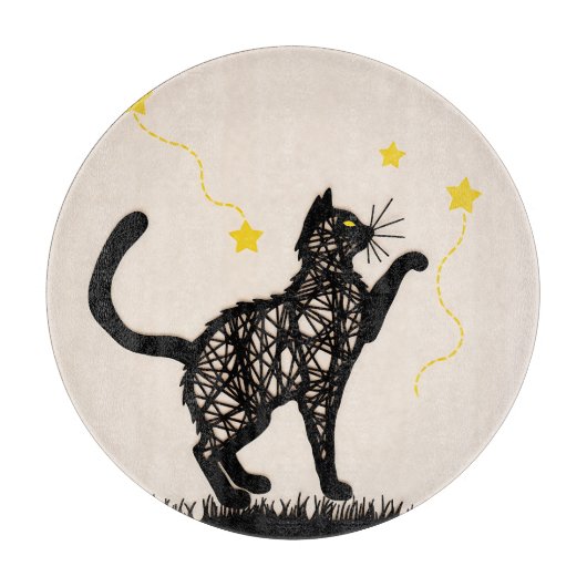 黒猫の遊び心あふれる星のイラスト カッティングボード (正面)