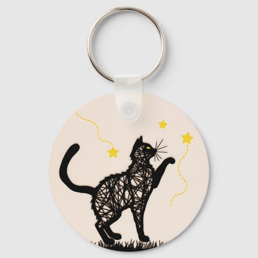 黒猫の遊び心あふれる星のイラスト キーホルダー (正面)