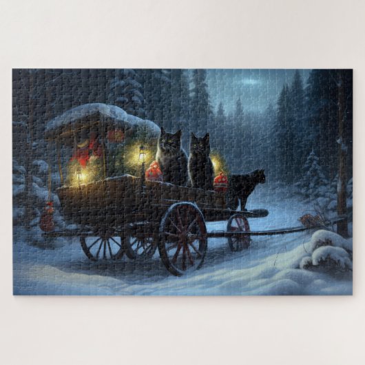 黒猫の雪のそり遊び クリスマスの飾り ジグソーパズル (横)