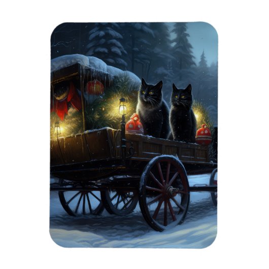 黒猫の雪のそり遊び クリスマスの飾り マグネット (縦)