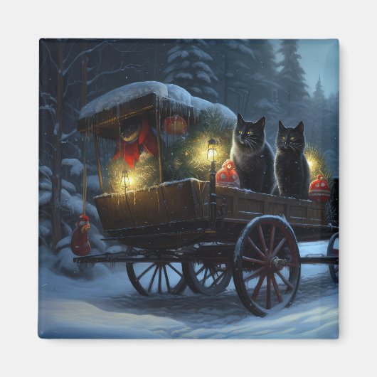 黒猫の雪のそり遊び クリスマスの飾り マグネット (正面)