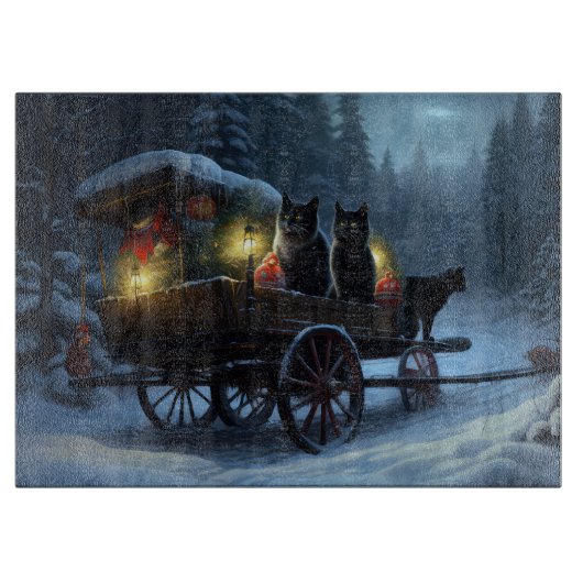 黒猫の雪のそり遊び クリスマス装飾 カッティングボード (正面)