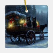 黒猫の雪のそり遊び クリスマス装飾 セラミックオーナメント (正面)