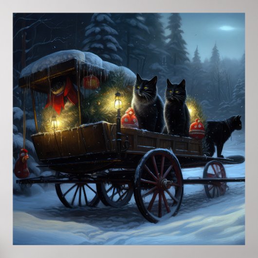 黒猫の雪の日馬車のクリスマスデコレーション ポスター (正面)