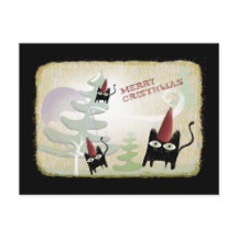 黒猫の雪の木風12月の冷たい葉書