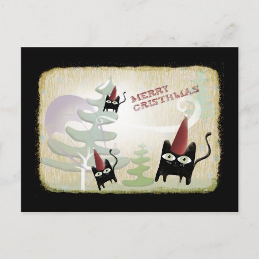 黒猫の雪の木風12月の冷たい葉書 シーズンポストカード (正面)