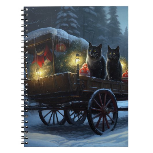 黒猫の雪景色そり遊び クリスマス装飾 ノートブック (正面)