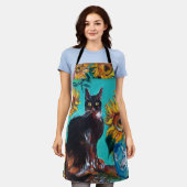 黒猫の青いターコイズ エプロン (着用した状態)