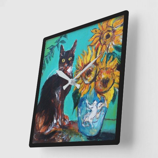 黒猫の青いターコイズ スクエア壁時計 (傾斜)