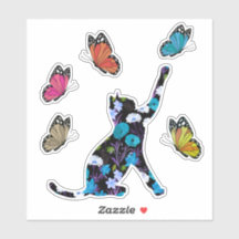 黒猫の青い花とカラフル蝶