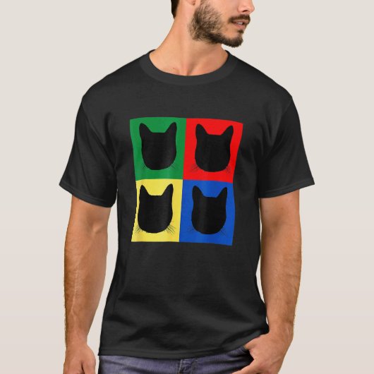 黒猫の頭のシルエット 原色 タビー Tシャツ (正面)