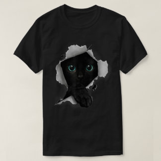 黒猫の顔が覗くデザイン Tシャツ