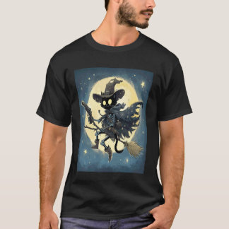 黒猫の骸骨が魔法使いの帽子をかぶって箒に乗っている Tシャツ
