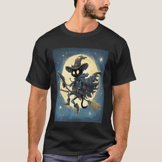 黒猫の骸骨が魔法使いの帽子をかぶって箒に乗っている Tシャツ (正面)