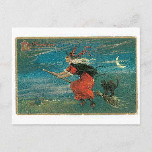 黒猫の魔ファッションド女、老ハロウィーン ポストカード (正面)