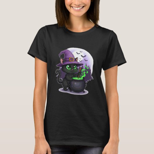 黒猫の魔女と大釜と月 Tシャツ (正面)