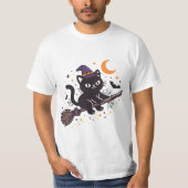 黒猫の魔女のほうき ハロウィン Tシャツ (正面)